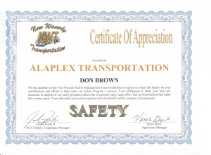 Certificate of Appreciation New Waverly Transportation
